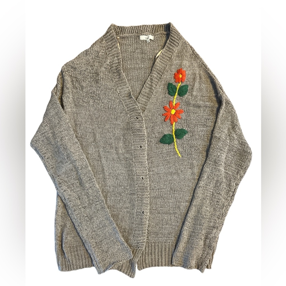Easel Brown/tan Cardigan with Floral Embroidery, Size Large